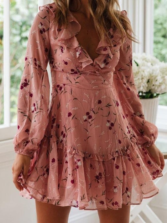 Lace-up Ruffled Printed Long-sleeved Dress - Mini Dresses - INS | Online Fashion Free Shipping Clothing, Dresses, Tops, Shoes - 16/06/2021 - 20-30 - color-light-blue