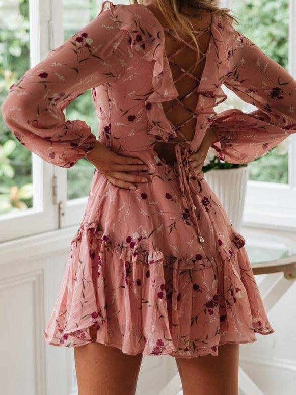 Lace-up Ruffled Printed Long-sleeved Dress - Mini Dresses - INS | Online Fashion Free Shipping Clothing, Dresses, Tops, Shoes - 16/06/2021 - 20-30 - color-light-blue