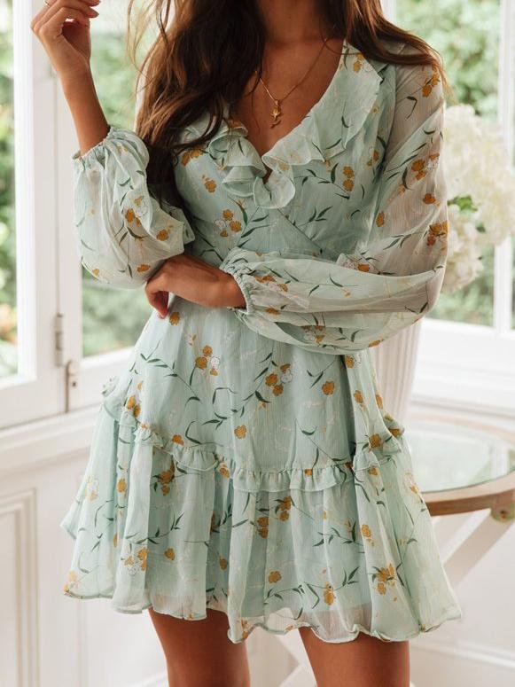 Lace-up Ruffled Printed Long-sleeved Dress - Mini Dresses - INS | Online Fashion Free Shipping Clothing, Dresses, Tops, Shoes - 16/06/2021 - 20-30 - color-light-blue