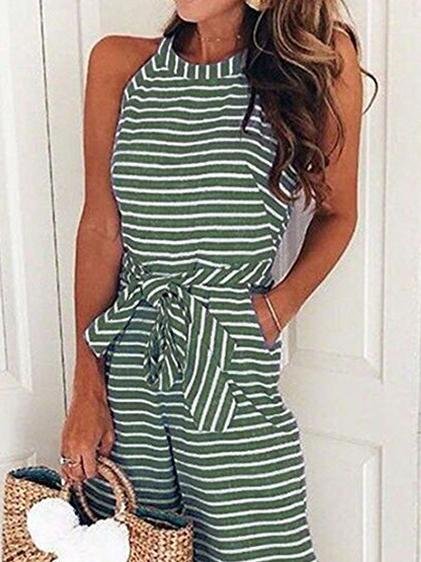 Lace-up Striped Round Neck Jumpsuit - Jumpsuit & Rompers - INS | Online Fashion Free Shipping Clothing, Dresses, Tops, Shoes - 01/07/2021 - 20-30 - Bottoms