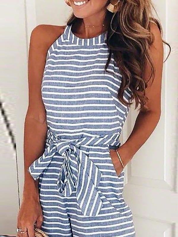 Lace-up Striped Round Neck Jumpsuit - Jumpsuit & Rompers - INS | Online Fashion Free Shipping Clothing, Dresses, Tops, Shoes - 01/07/2021 - 20-30 - Bottoms