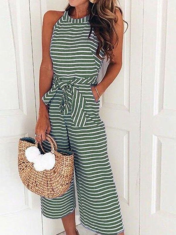 Lace-up Striped Round Neck Jumpsuit - Jumpsuit & Rompers - INS | Online Fashion Free Shipping Clothing, Dresses, Tops, Shoes - 01/07/2021 - 20-30 - Bottoms
