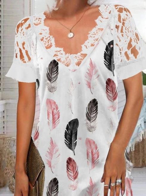 Lace V-neck Feather Print Dress - Mini Dresses - INS | Online Fashion Free Shipping Clothing, Dresses, Tops, Shoes - 02/07/2021 - 20-30 - color-white