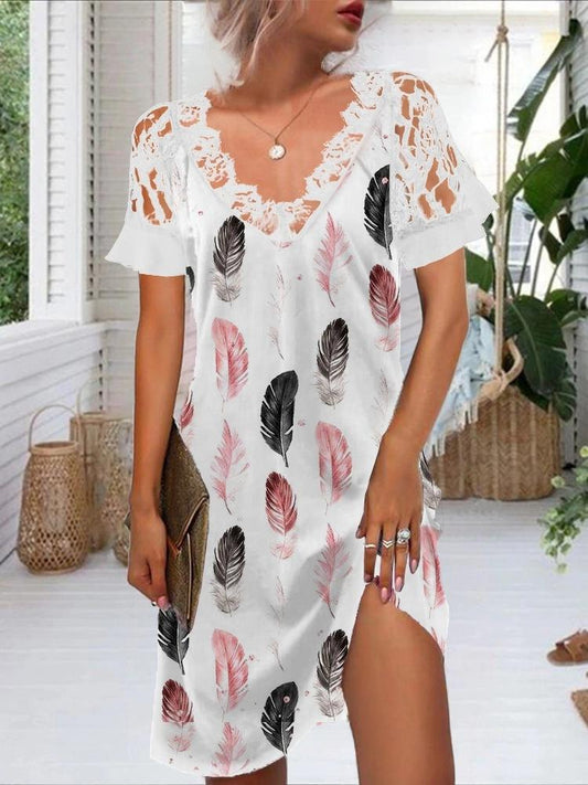 Lace V-neck Feather Print Dress - Mini Dresses - INS | Online Fashion Free Shipping Clothing, Dresses, Tops, Shoes - 02/07/2021 - 20-30 - color-white
