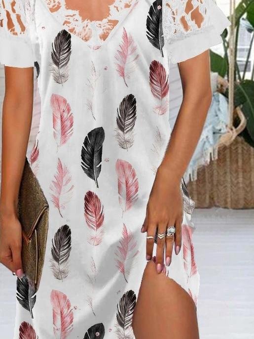 Lace V-neck Feather Print Dress - Mini Dresses - INS | Online Fashion Free Shipping Clothing, Dresses, Tops, Shoes - 02/07/2021 - 20-30 - color-white