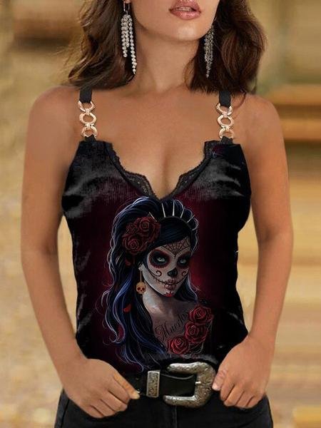 Lace V-neck Printed Camisole T-shirt - Tank Tops - INS | Online Fashion Free Shipping Clothing, Dresses, Tops, Shoes - 10-20 - 19/06/2021 - color-black