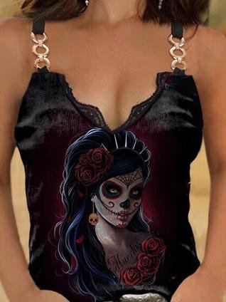 Lace V-neck Printed Camisole T-shirt - Tank Tops - INS | Online Fashion Free Shipping Clothing, Dresses, Tops, Shoes - 10-20 - 19/06/2021 - color-black