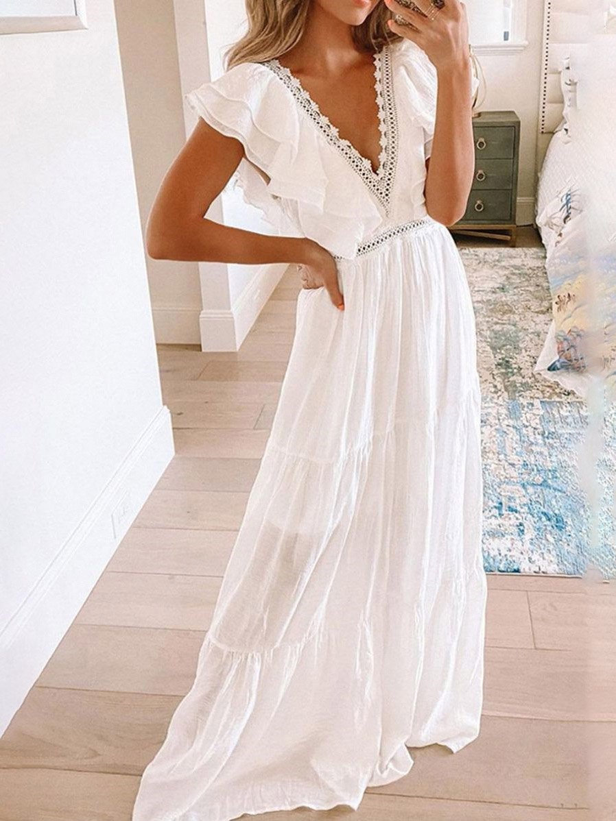 Lace V-Neck Short Sleeve Charming Dress - Maxi Dresses - INS | Online Fashion Free Shipping Clothing, Dresses, Tops, Shoes - 27/07/2021 - Category_Maxi Dresses - color-white