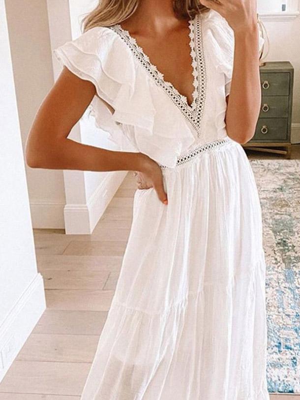 Lace V-Neck Short Sleeve Charming Dress - Maxi Dresses - INS | Online Fashion Free Shipping Clothing, Dresses, Tops, Shoes - 27/07/2021 - Category_Maxi Dresses - color-white