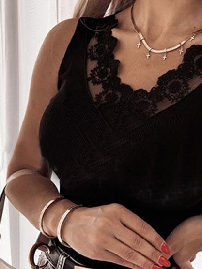 Lace V-neck Sleeveless Casual Tanks Tops - Tanks - INS | Online Fashion Free Shipping Clothing, Dresses, Tops, Shoes - 31/05/2021 - Category_Tanks - Category_Tops