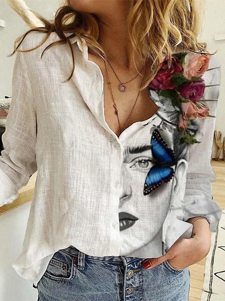 Ladies And Flower Printed Lapel Long Sleeve Shirt - Blouses - INS | Online Fashion Free Shipping Clothing, Dresses, Tops, Shoes - 07/07/2021 - 20-30 - BLO2107071171