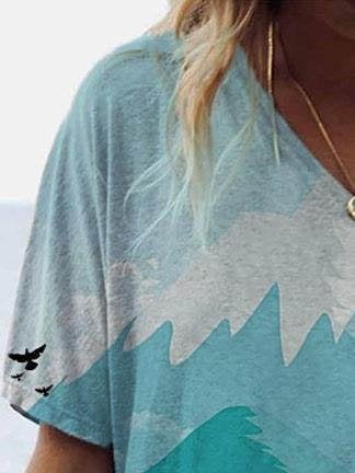 Landscape Print Short-sleeved V-neck T-shirt - T-shirts - INS | Online Fashion Free Shipping Clothing, Dresses, Tops, Shoes - 08/06/2021 - Color_Blue - Color_Green