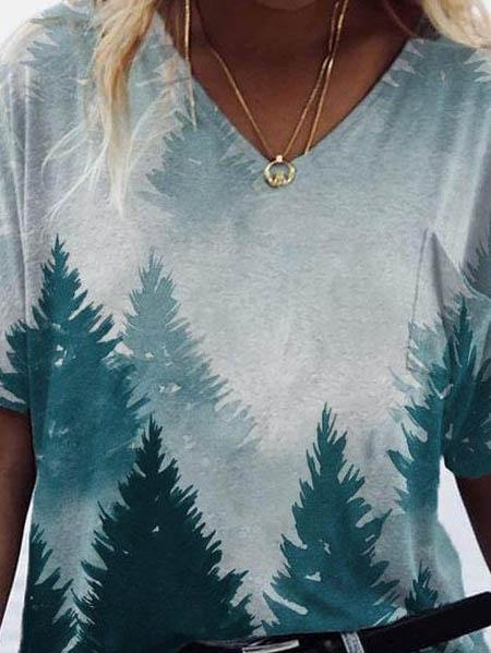 Landscape Print Short-sleeved V-neck T-shirt - T-shirts - INS | Online Fashion Free Shipping Clothing, Dresses, Tops, Shoes - 08/06/2021 - Color_Blue - Color_Green
