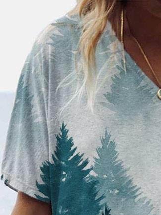 Landscape Print Short-sleeved V-neck T-shirt - T-shirts - INS | Online Fashion Free Shipping Clothing, Dresses, Tops, Shoes - 08/06/2021 - Color_Blue - Color_Green
