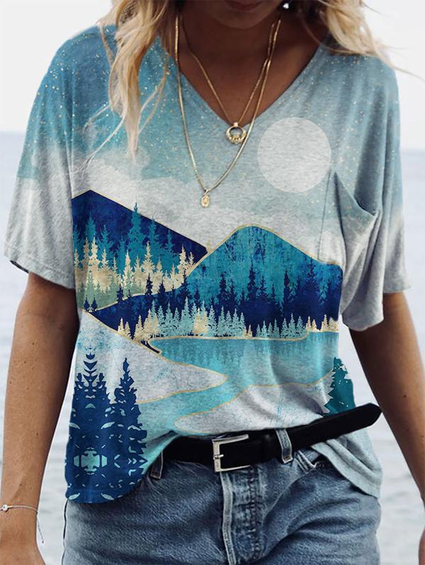 Landscape Print Short-sleeved V-neck T-shirt - T-shirts - INS | Online Fashion Free Shipping Clothing, Dresses, Tops, Shoes - 08/06/2021 - Color_Blue - Color_Green