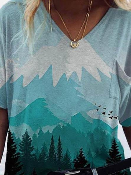 Landscape Print Short-sleeved V-neck T-shirt - T-shirts - INS | Online Fashion Free Shipping Clothing, Dresses, Tops, Shoes - 08/06/2021 - Color_Blue - Color_Green