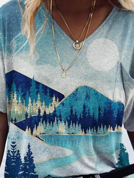 Landscape Print Short-sleeved V-neck T-shirt - T-shirts - INS | Online Fashion Free Shipping Clothing, Dresses, Tops, Shoes - 08/06/2021 - Color_Blue - Color_Green