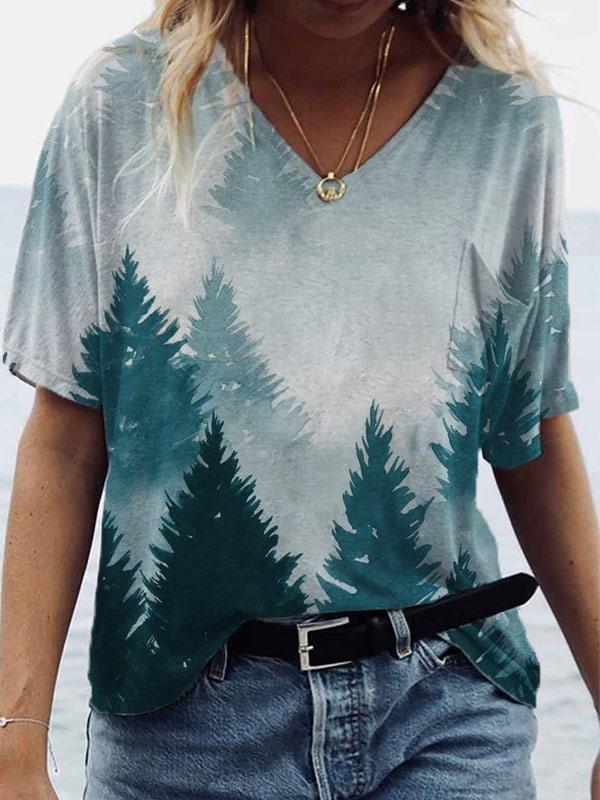 Landscape Print Short-sleeved V-neck T-shirt - T-shirts - INS | Online Fashion Free Shipping Clothing, Dresses, Tops, Shoes - 08/06/2021 - Color_Blue - Color_Green