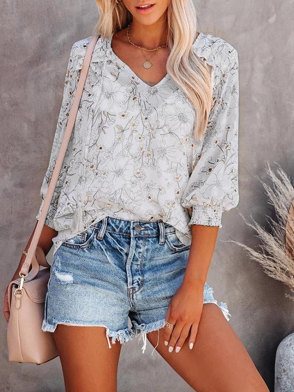 Lantern 3/4 Sleeve V-neck Loose Shirt - Blouses - INS | Online Fashion Free Shipping Clothing, Dresses, Tops, Shoes - 20-30 - 23/06/2021 - BLO2106231124