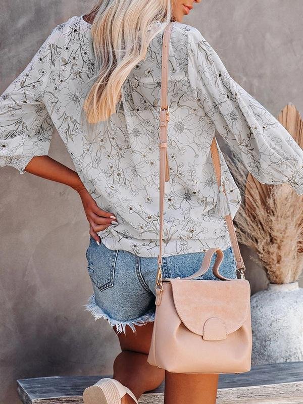 Lantern 3/4 Sleeve V-neck Loose Shirt - Blouses - INS | Online Fashion Free Shipping Clothing, Dresses, Tops, Shoes - 20-30 - 23/06/2021 - BLO2106231124