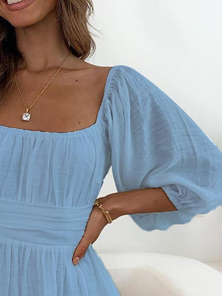 Lantern Sleeve Ruched Casual Dress - Mini Dresses - INS | Online Fashion Free Shipping Clothing, Dresses, Tops, Shoes - 28/04/2021 - Category_Mini Dresses - Color_Light Blue