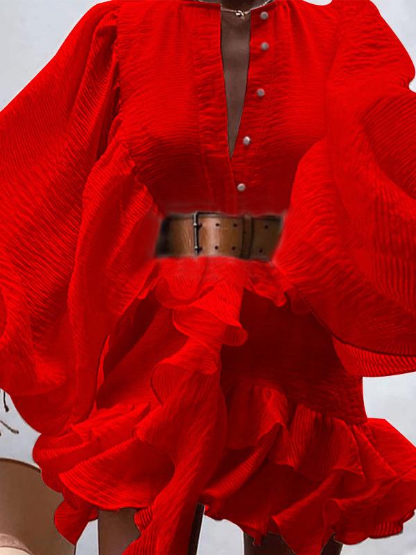 Lantern Sleeve Ruffled Waist Slimming Dress - Mini Dresses - INS | Online Fashion Free Shipping Clothing, Dresses, Tops, Shoes - 17/06/2021 - 30-40 - color-apricot