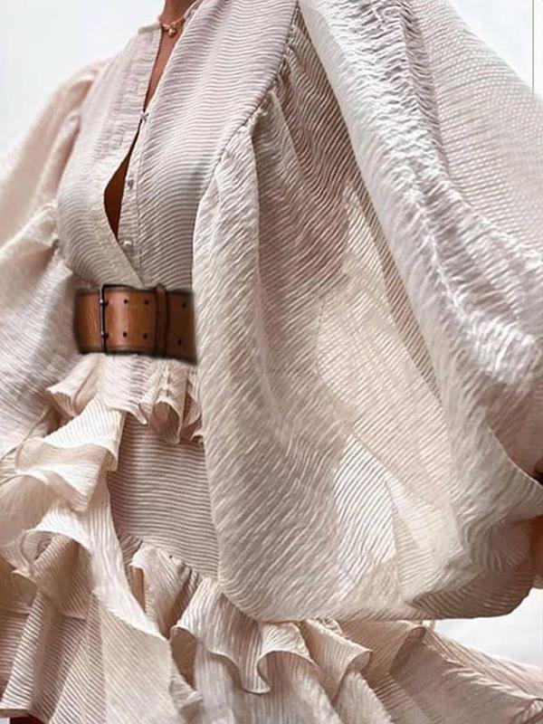 Lantern Sleeve Ruffled Waist Slimming Dress - Mini Dresses - INS | Online Fashion Free Shipping Clothing, Dresses, Tops, Shoes - 17/06/2021 - 30-40 - color-apricot