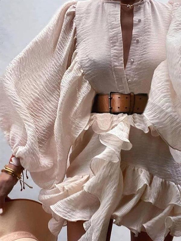 Lantern Sleeve Ruffled Waist Slimming Dress - Mini Dresses - INS | Online Fashion Free Shipping Clothing, Dresses, Tops, Shoes - 17/06/2021 - 30-40 - color-apricot