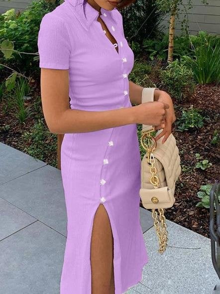 Lapel Button & Beveled Side Split Shirt Dress - Midi Dresses - INS | Online Fashion Free Shipping Clothing, Dresses, Tops, Shoes - 08/07/2021 - 20-30 - color-black