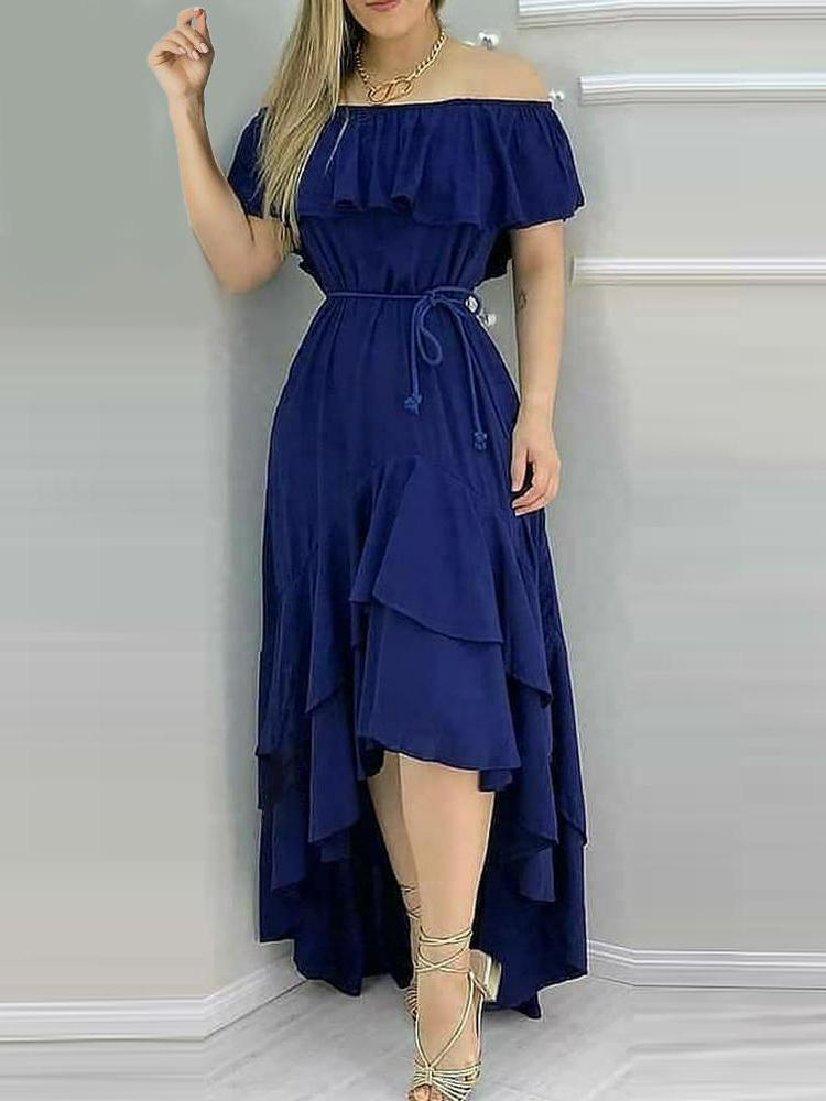 Layered Ruffles Asymmetrical Maxi Dress With Belt - Maxi Dresses - INS | Online Fashion Free Shipping Clothing, Dresses, Tops, Shoes - 29/04/2021 - Category_Maxi Dresses - Color_Blue