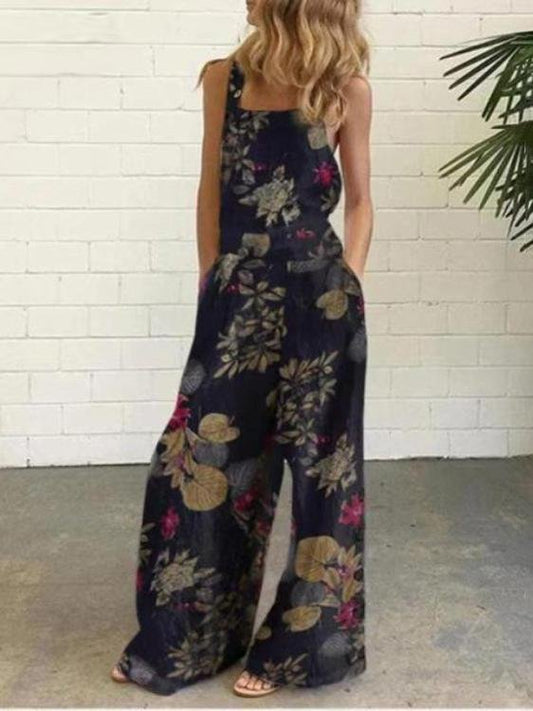Leaf And Flower Printed Buttons Sleeveless Loose Suspenders Jumpsuit - Jumpsuits & Rompers - INS | Online Fashion Free Shipping Clothing, Dresses, Tops, Shoes - 15/07/2021 - 20-30 - Bottoms