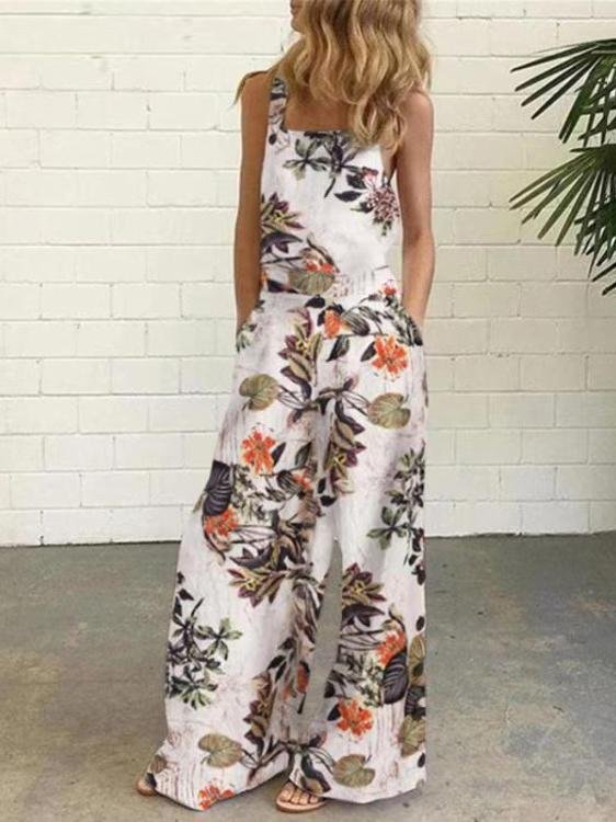 Leaf And Flower Printed Buttons Sleeveless Loose Suspenders Jumpsuit - Jumpsuits & Rompers - INS | Online Fashion Free Shipping Clothing, Dresses, Tops, Shoes - 15/07/2021 - 20-30 - Bottoms