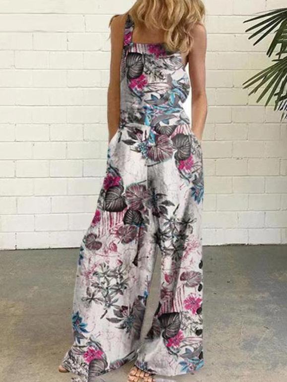 Leaf And Flower Printed Buttons Sleeveless Loose Suspenders Jumpsuit - Jumpsuits & Rompers - INS | Online Fashion Free Shipping Clothing, Dresses, Tops, Shoes - 15/07/2021 - 20-30 - Bottoms