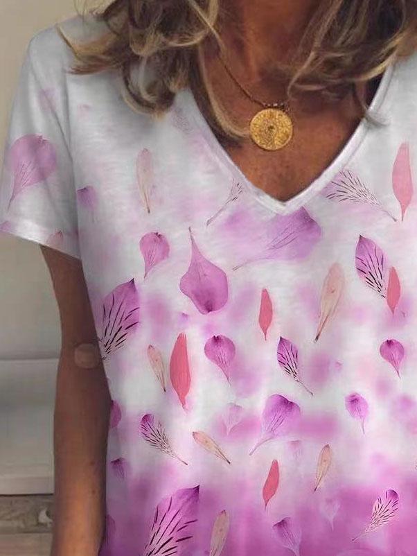Leaf And Petal Print V-neck Short Sleeve T-shirt - T-Shirts - INS | Online Fashion Free Shipping Clothing, Dresses, Tops, Shoes - 03/06/2021 - Category_T-Shirts - Color_Blue