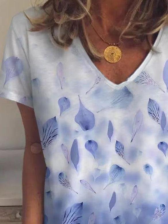 Leaf And Petal Print V-neck Short Sleeve T-shirt - T-Shirts - INS | Online Fashion Free Shipping Clothing, Dresses, Tops, Shoes - 03/06/2021 - Category_T-Shirts - Color_Blue
