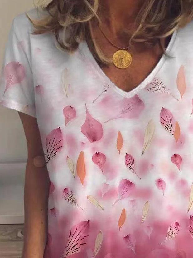 Leaf And Petal Print V-neck Short Sleeve T-shirt - T-Shirts - INS | Online Fashion Free Shipping Clothing, Dresses, Tops, Shoes - 03/06/2021 - Category_T-Shirts - Color_Blue