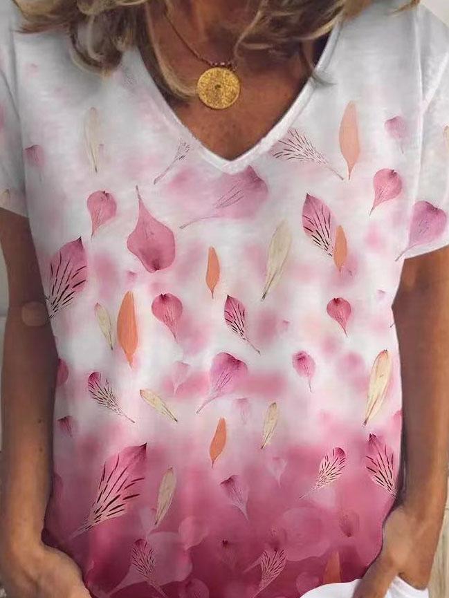Leaf And Petal Print V-neck Short Sleeve T-shirt - T-Shirts - INS | Online Fashion Free Shipping Clothing, Dresses, Tops, Shoes - 03/06/2021 - Category_T-Shirts - Color_Blue