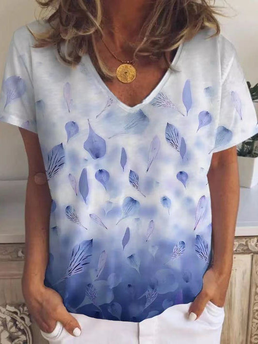 Leaf And Petal Print V-neck Short Sleeve T-shirt - T-Shirts - INS | Online Fashion Free Shipping Clothing, Dresses, Tops, Shoes - 03/06/2021 - Category_T-Shirts - Color_Blue