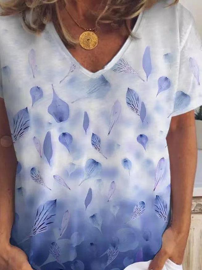 Leaf And Petal Print V-neck Short Sleeve T-shirt - T-Shirts - INS | Online Fashion Free Shipping Clothing, Dresses, Tops, Shoes - 03/06/2021 - Category_T-Shirts - Color_Blue