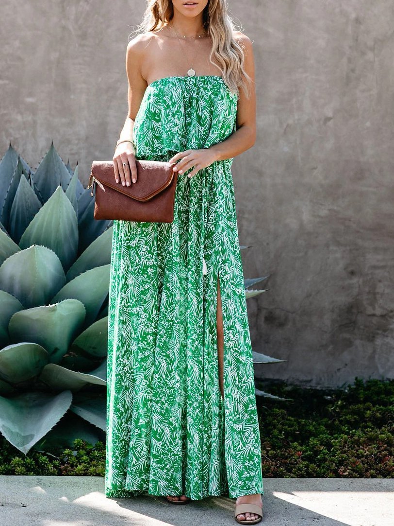 Leaf Print Off-shoulder Tube Top Dress - Maxi Dresses - INS | Online Fashion Free Shipping Clothing, Dresses, Tops, Shoes - 11/06/2021 - Color_Green - DRE2106110402