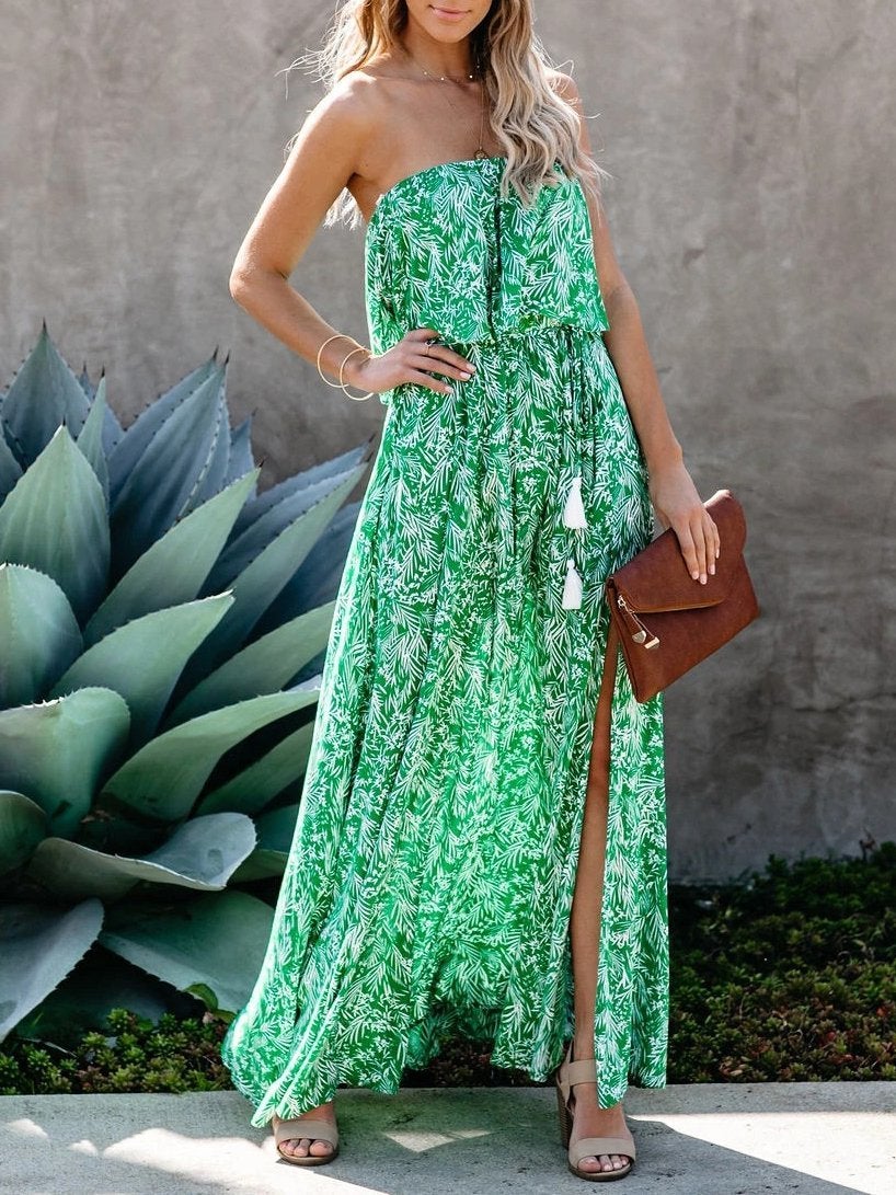 Leaf Print Off-shoulder Tube Top Dress - Maxi Dresses - INS | Online Fashion Free Shipping Clothing, Dresses, Tops, Shoes - 11/06/2021 - Color_Green - DRE2106110402