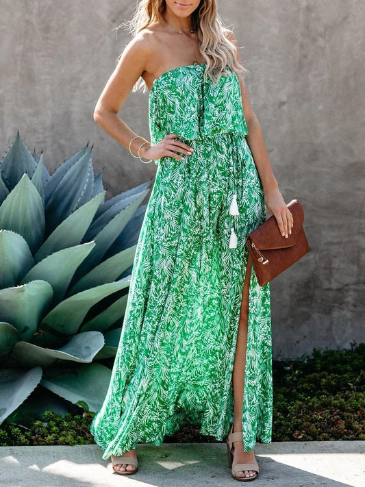 Leaf Print Off-shoulder Tube Top Dress - Maxi Dresses - INS | Online Fashion Free Shipping Clothing, Dresses, Tops, Shoes - 11/06/2021 - Color_Green - DRE2106110402