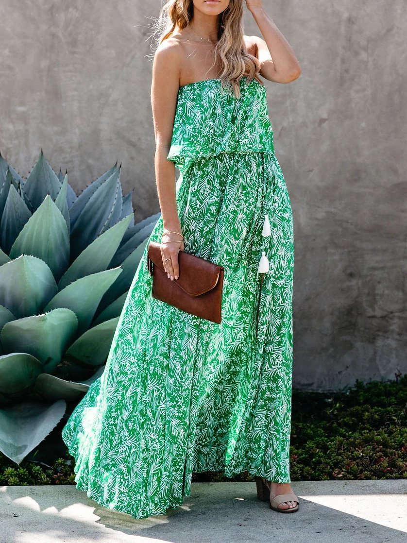 Leaf Print Off-shoulder Tube Top Dress - Maxi Dresses - INS | Online Fashion Free Shipping Clothing, Dresses, Tops, Shoes - 11/06/2021 - Color_Green - DRE2106110402