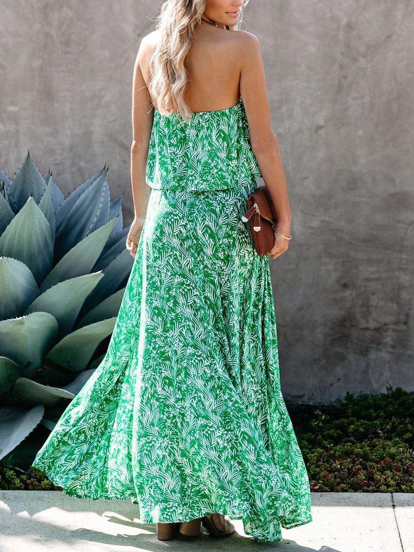 Leaf Print Off-shoulder Tube Top Dress - Maxi Dresses - INS | Online Fashion Free Shipping Clothing, Dresses, Tops, Shoes - 11/06/2021 - Color_Green - DRE2106110402