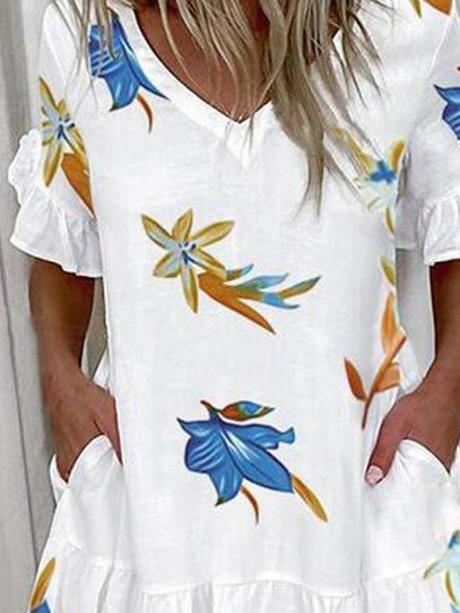 Leaf Print Ruffled Short Sleeve Pocket Dress - Mini Dresses - INS | Online Fashion Free Shipping Clothing, Dresses, Tops, Shoes - 01/07/2021 - 20-30 - Category_Mini Dresses