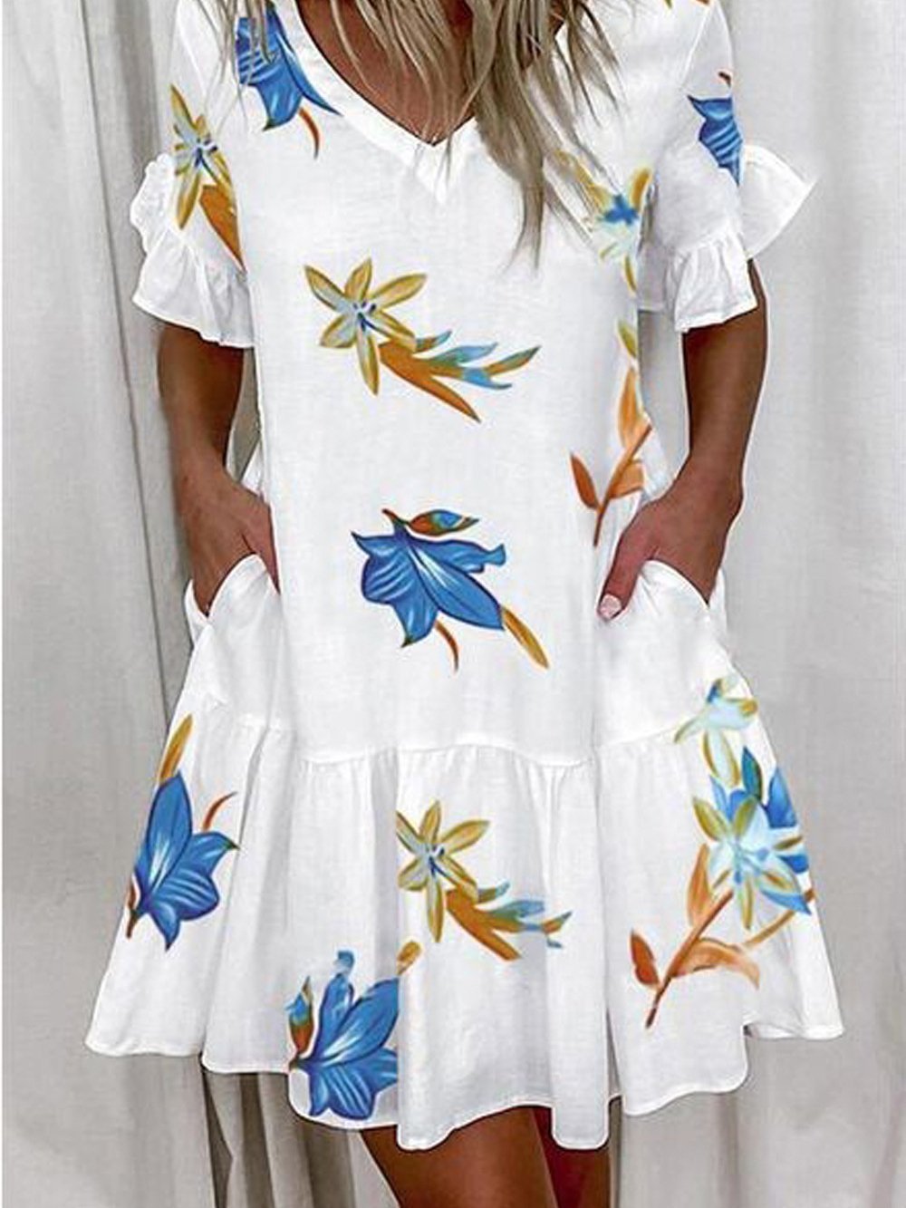 Leaf Print Ruffled Short Sleeve Pocket Dress - Mini Dresses - INS | Online Fashion Free Shipping Clothing, Dresses, Tops, Shoes - 01/07/2021 - 20-30 - Category_Mini Dresses
