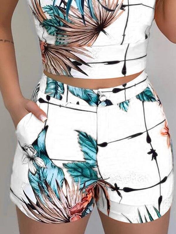 Leaf Print Suspender Slim Top Shorts Two-piece Set - Two-piece Outfits - INS | Online Fashion Free Shipping Clothing, Dresses, Tops, Shoes - 13/05/2021 - 13052021 - 130521