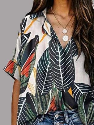 Leaf Print V-neck Short Sleeve Blouses - Blouses - INS | Online Fashion Free Shipping Clothing, Dresses, Tops, Shoes - 09/06/2021 - BLO2106090058 - Category_Blouses