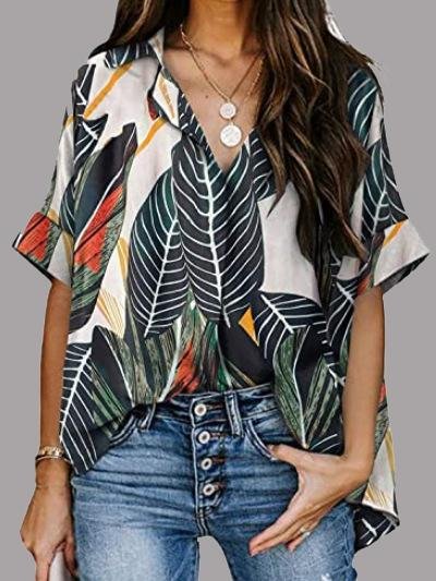 Leaf Print V-neck Short Sleeve Blouses - Blouses - INS | Online Fashion Free Shipping Clothing, Dresses, Tops, Shoes - 09/06/2021 - BLO2106090058 - Category_Blouses