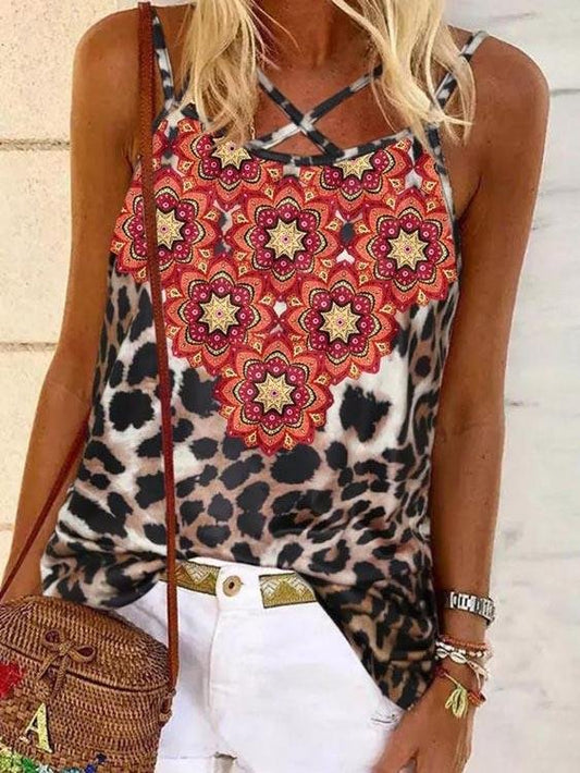 Leopard And Flower Print Camisole Vest - Tank Tops - INS | Online Fashion Free Shipping Clothing, Dresses, Tops, Shoes - 10-20 - 27/07/2021 - color-brown